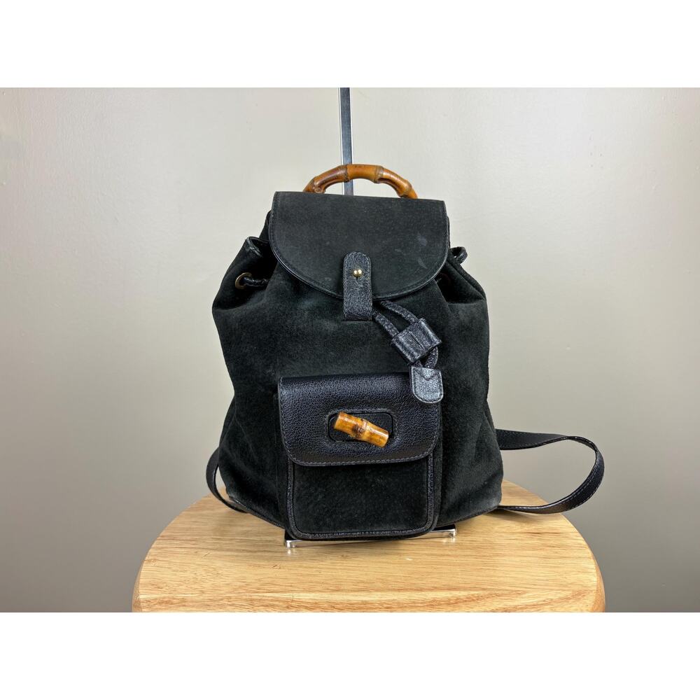 Authentic Gucci Black Suede Bamboo Handle Backpack